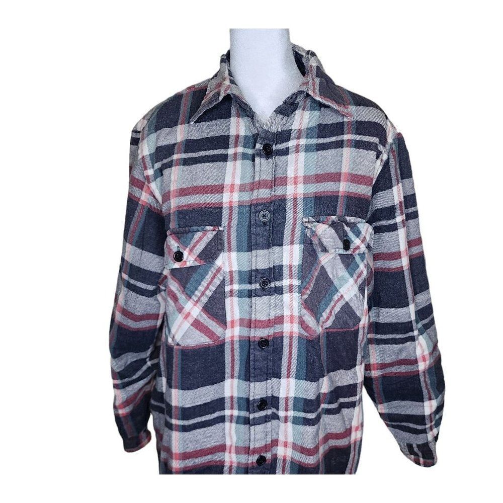 Vintage 90s Woodland Flannel Shirt Shacket Mens Size M Gray Plaid Quilted Lining